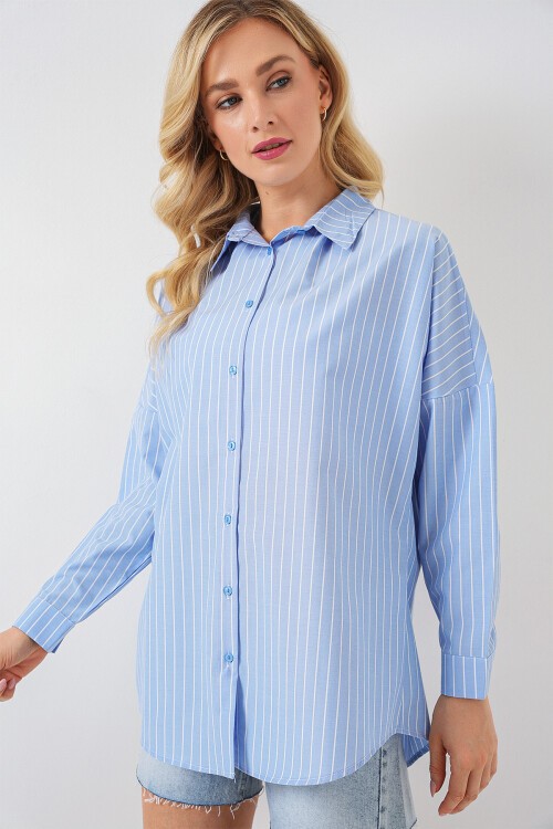 Merterium Kadın Çizgili Oversize Gömlek 20332 - Mavi