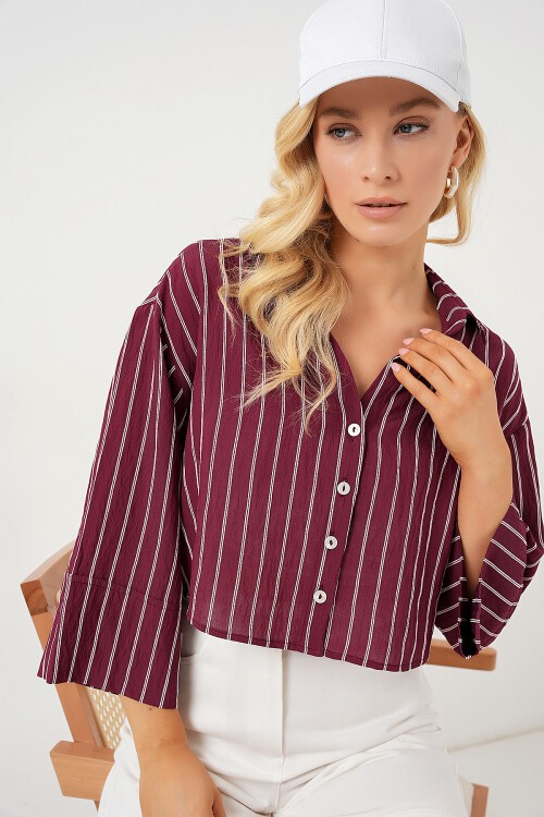 Merterium Kadın Çizgili Oversize Kısa Gömlek 20326 - Bordo