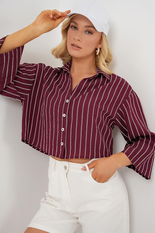 Merterium Kadın Çizgili Oversize Kısa Gömlek 20326 - Bordo