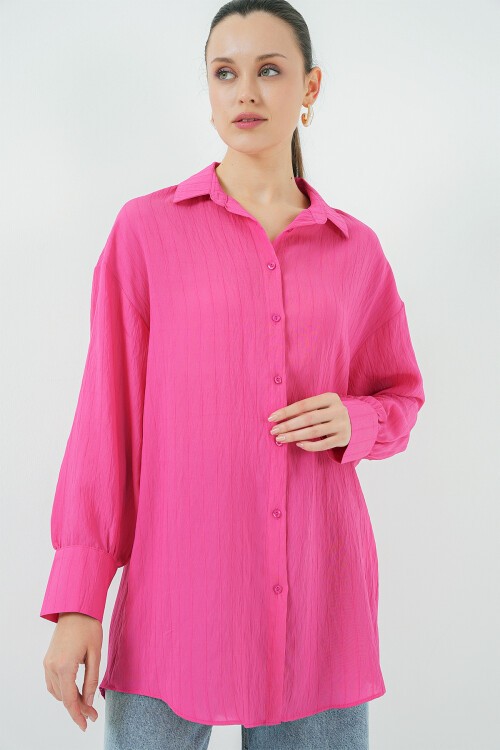 Merterium Kadın Çizgili Uzun Gömlek Tunik 5963 - Fuşya