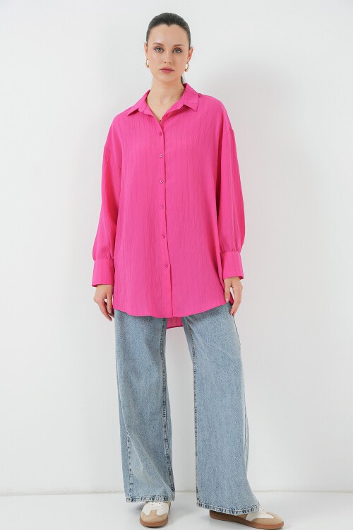 Merterium Kadın Çizgili Uzun Gömlek Tunik 5963 - Fuşya