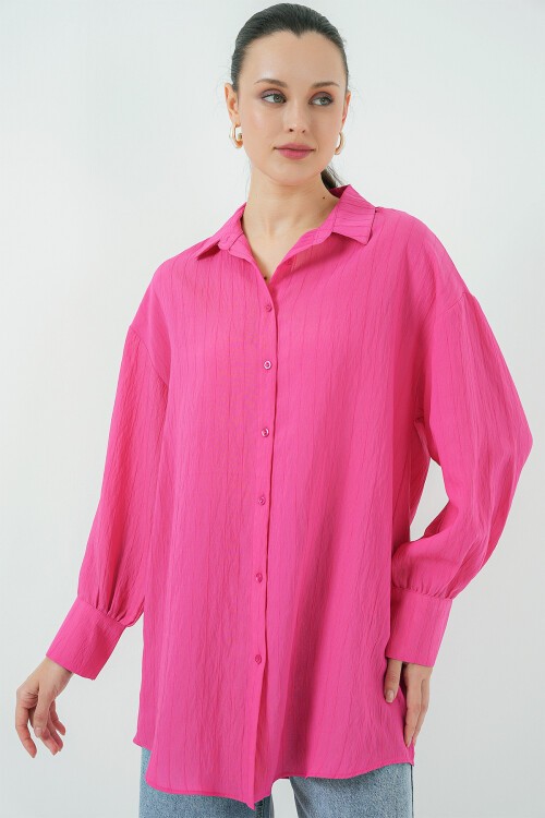 Merterium Kadın Çizgili Uzun Gömlek Tunik 5963 - Fuşya