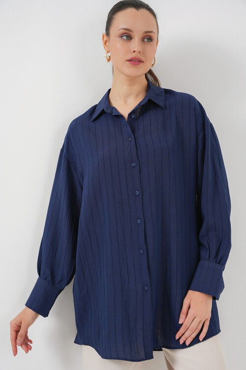Merterium Kadın Çizgili Uzun Gömlek Tunik 5963 - Lacivert