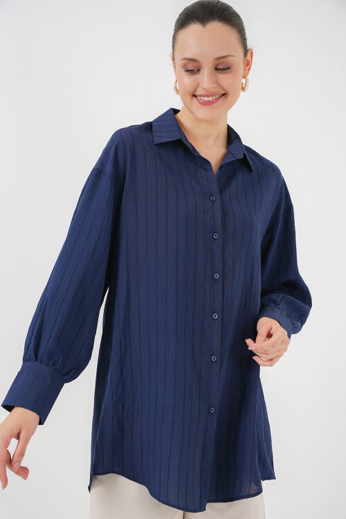 Merterium Kadın Çizgili Uzun Gömlek Tunik 5963 - Lacivert