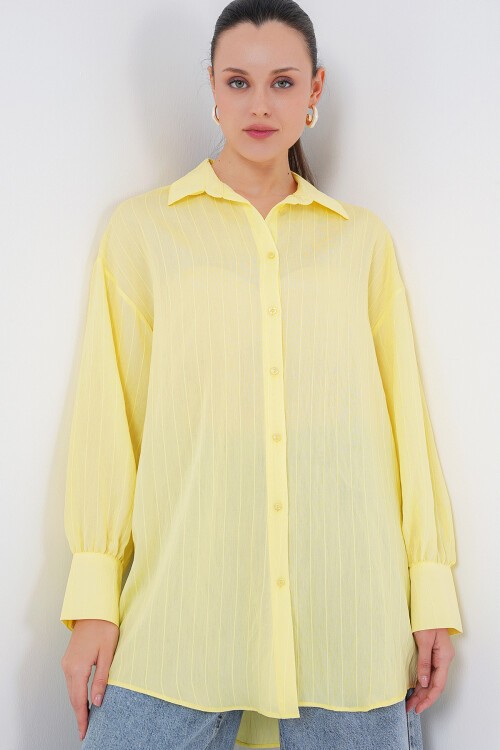 Merterium Kadın Çizgili Uzun Gömlek Tunik 5963 - Sarı