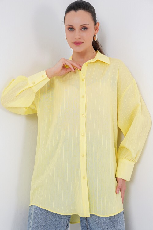Merterium Kadın Çizgili Uzun Gömlek Tunik 5963 - Sarı