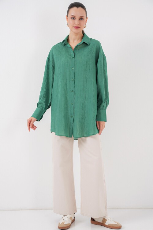 Merterium Kadın Çizgili Uzun Gömlek Tunik 5963 - Zümrüt Yeşili