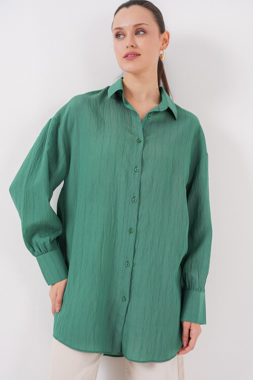 Merterium Kadın Çizgili Uzun Gömlek Tunik 5963 - Zümrüt Yeşili