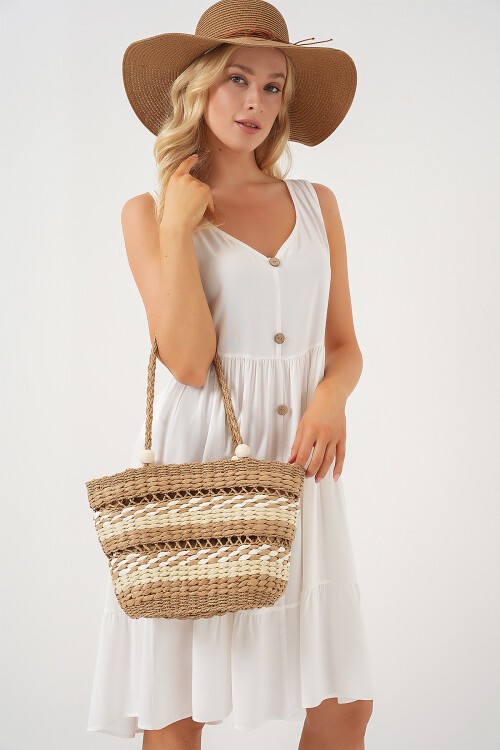 Merterium Kadın Desenli Hasır Çanta 010190 - Bej