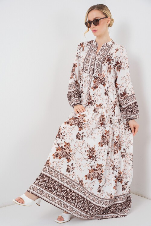 Kadın Desenli Kahverengi Viskon Tesettür Elbise 2423