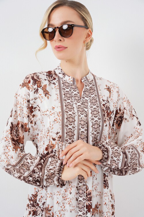 Kadın Desenli Kahverengi Viskon Tesettür Elbise 2423