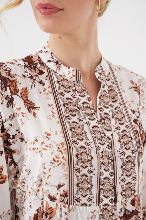 Kadın Desenli Kahverengi Viskon Tesettür Elbise 2423