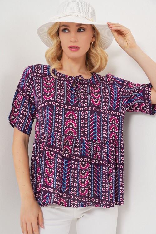 Kadın Desenli Kısa Kol Bluz 969 - Bordo