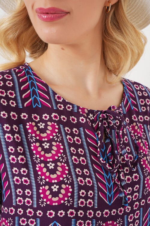 Kadın Desenli Kısa Kol Bluz 969 - Bordo