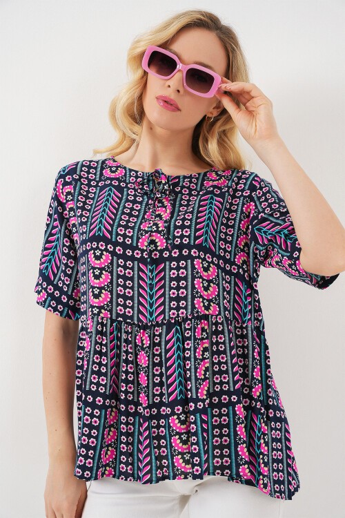 Kadın Desenli Kısa Kol Bluz 969 - Lacivert
