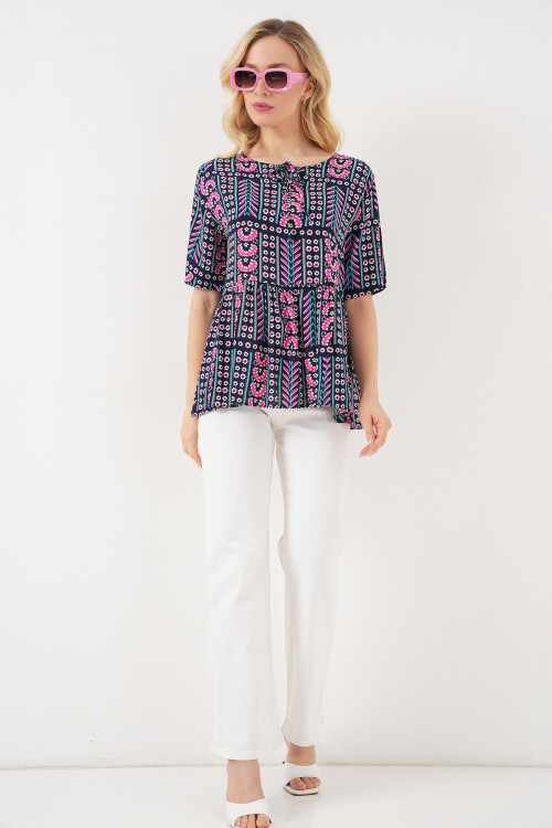 Kadın Desenli Kısa Kol Bluz 969 - Lacivert