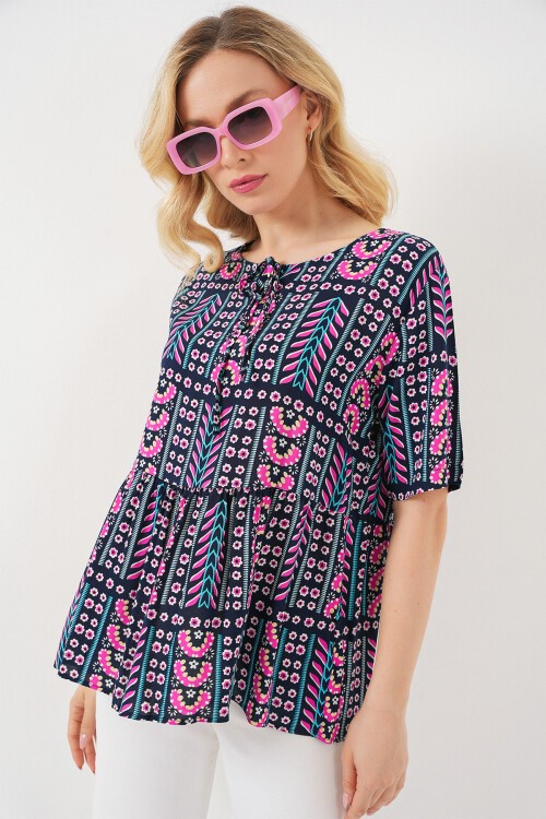 Kadın Desenli Kısa Kol Bluz 969 - Lacivert