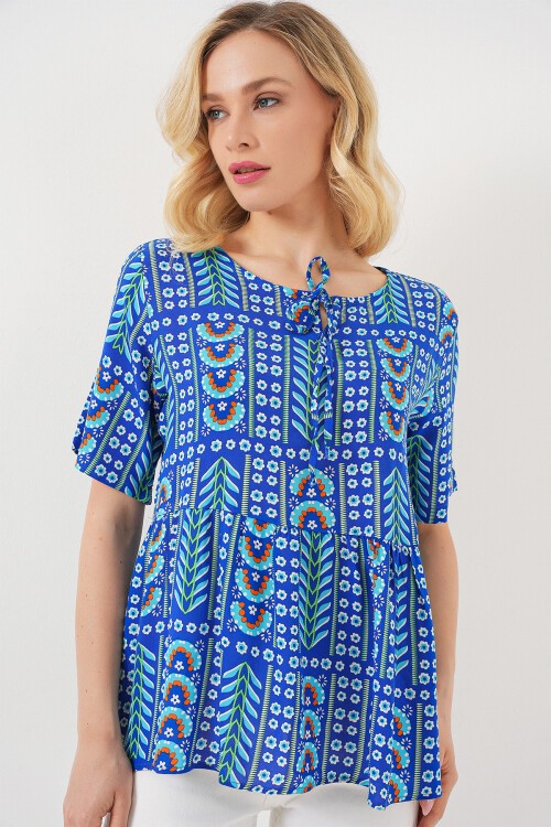 Kadın Desenli Kısa Kol Bluz 969 - Saks