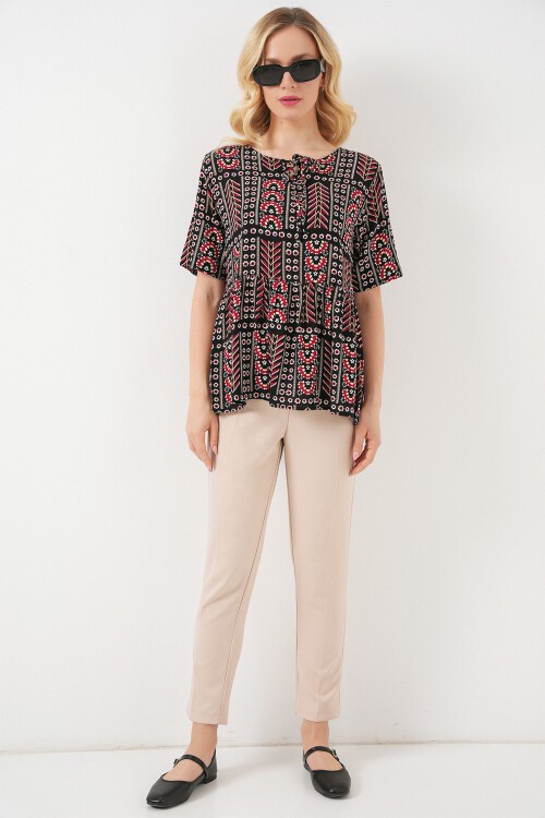 Kadın Desenli Kısa Kol Bluz 969 - Siyah