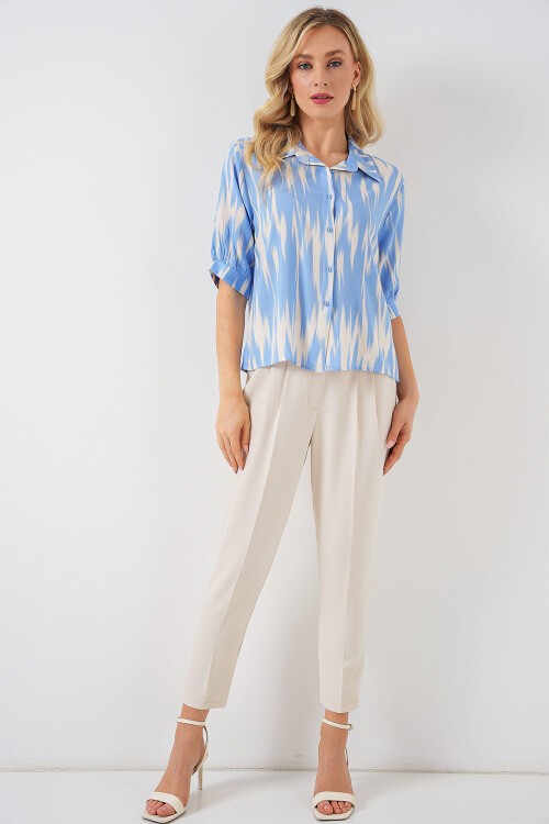 Merterium Kadın Desenli Kısa Kol Crop Gömlek 20337 - Mavi