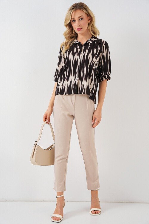 Merterium Kadın Desenli Kısa Kol Crop Gömlek 20337 - Siyah