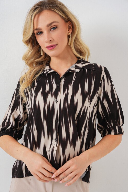 Merterium Kadın Desenli Kısa Kol Crop Gömlek 20337 - Siyah