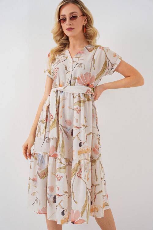 Merterium Kadın Desenli Kısa Kol Elbise 2558 - Krem