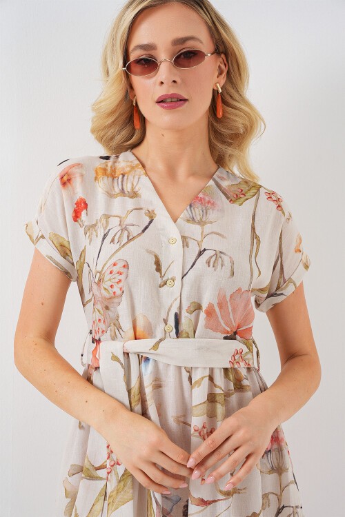 Merterium Kadın Desenli Kısa Kol Elbise 2558 - Krem