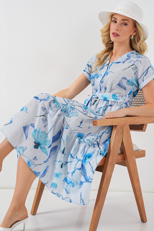 Merterium Kadın Desenli Kısa Kol Elbise 2558 - Mavi