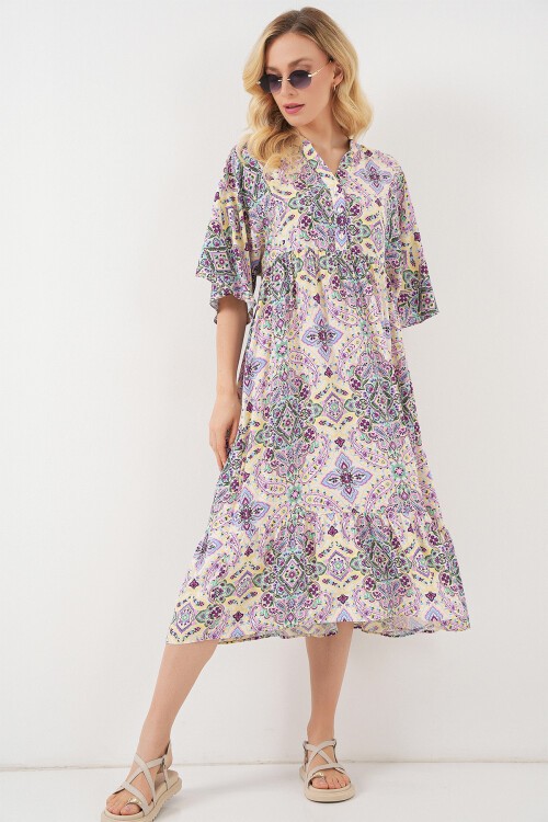 Kadın Desenli Kısa Kol Elbise 2562 - Bordo