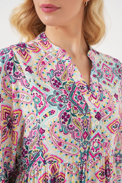 Kadın Desenli Kısa Kol Elbise 2562 - Fuşya