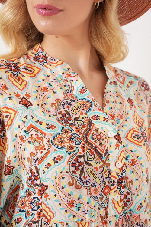 Kadın Desenli Kısa Kol Elbise 2562 - Kahverengi