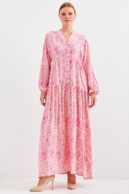 Kadın Desenli Pembe Viskon Tesettür Elbise 2423