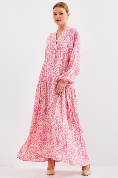 Kadın Desenli Pembe Viskon Tesettür Elbise 2423