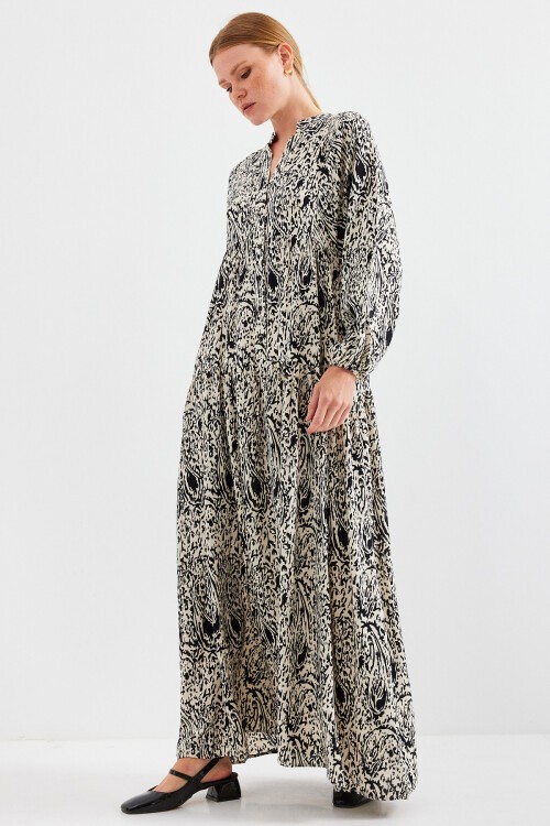 Merterium Kadın Desenli Siyah  Viskon Tesettür Elbise 2423