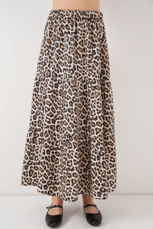 Kadın Desenli Uzun Etek 8053 - C. Kahverengi