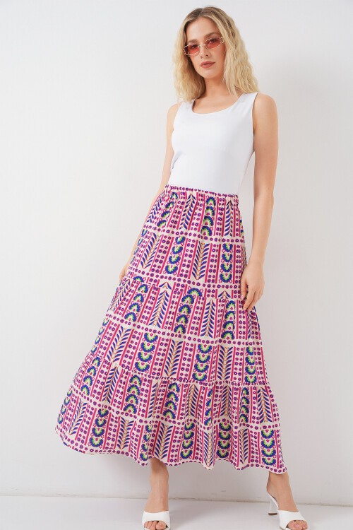 Kadın Desenli Uzun Etek 8053 - Fuşya