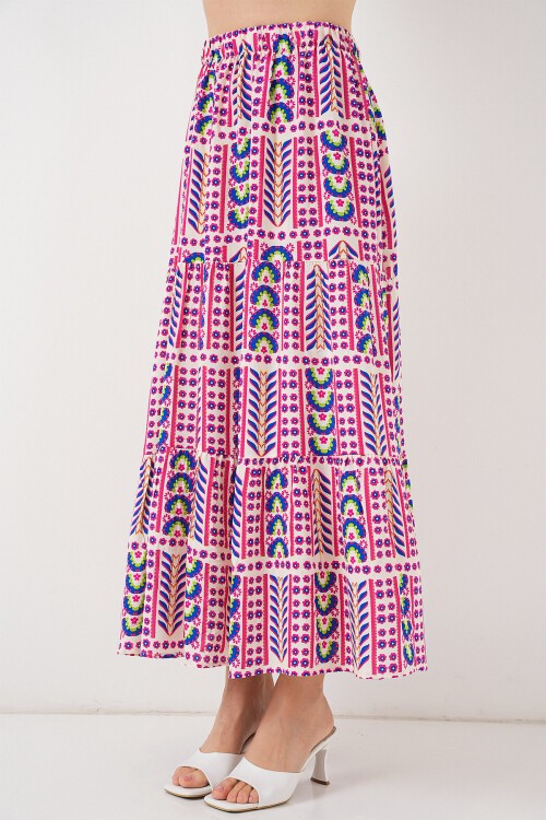 Kadın Desenli Uzun Etek 8053 - Fuşya