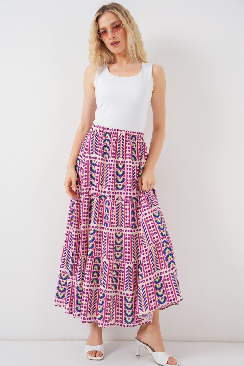 Kadın Desenli Uzun Etek 8053 - Fuşya