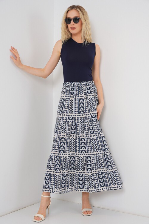 Kadın Desenli Uzun Etek 8053 - Krem