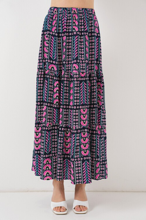 Kadın Desenli Uzun Etek 8053 - Lacivert