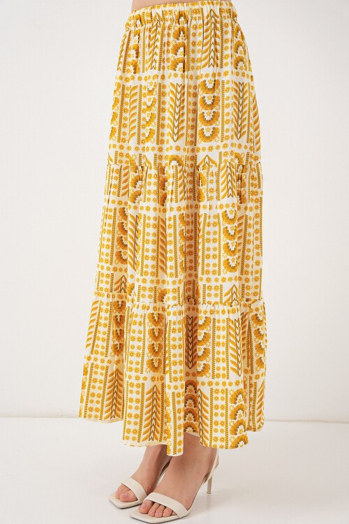 Kadın Desenli Uzun Etek 8053 - Sarı