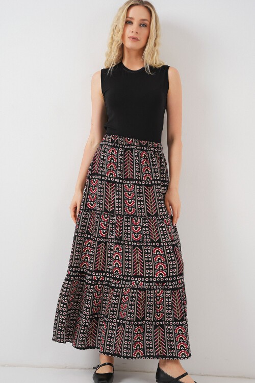 Kadın Desenli Uzun Etek 8053 - Siyah