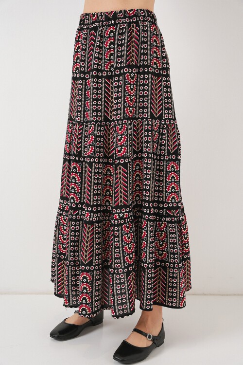 Kadın Desenli Uzun Etek 8053 - Siyah