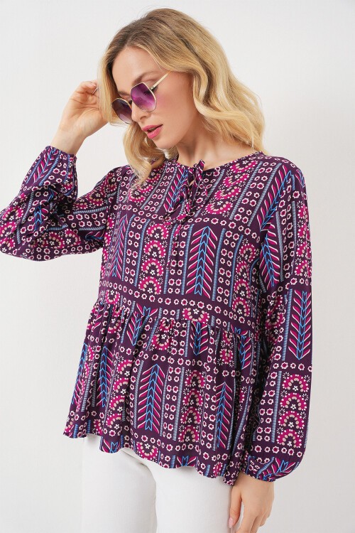 Kadın Desenli Uzun Kol Bluz 970 - Bordo