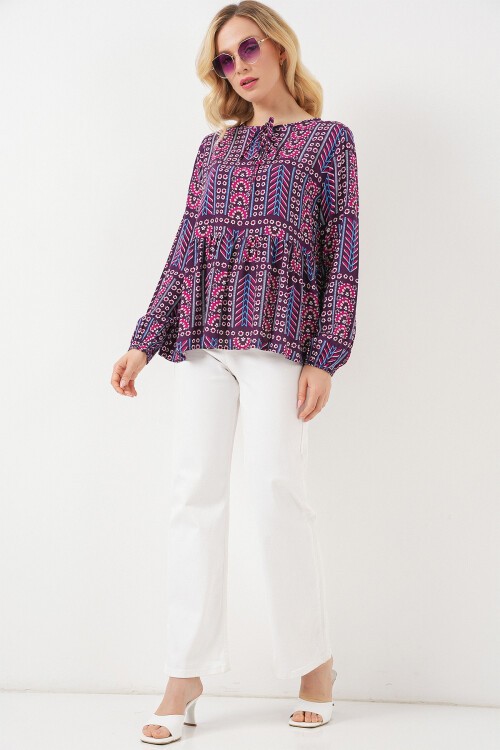 Kadın Desenli Uzun Kol Bluz 970 - Bordo