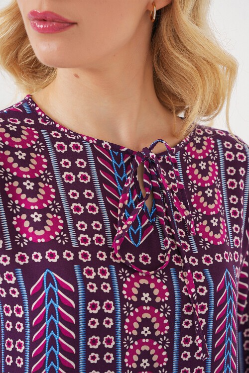 Kadın Desenli Uzun Kol Bluz 970 - Bordo