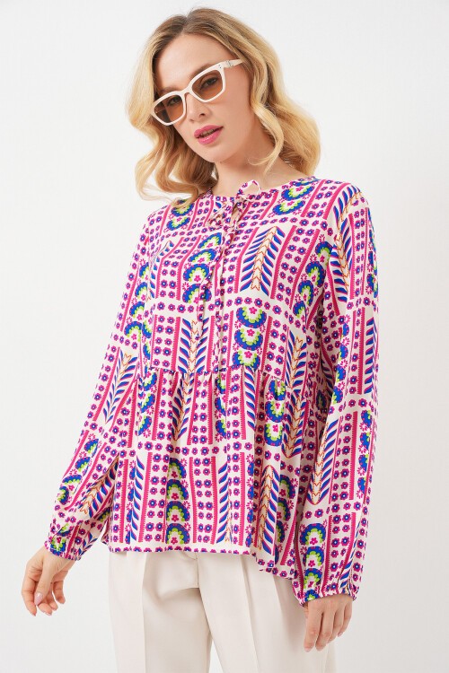 Kadın Desenli Uzun Kol Bluz 970 - Fuşya