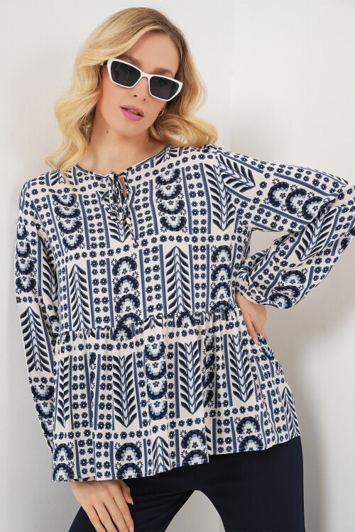 Kadın Desenli Uzun Kol Bluz 970 - İndigo