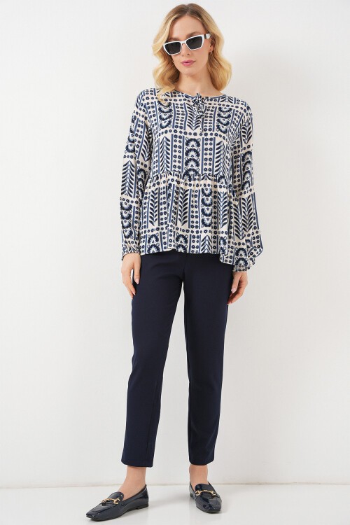 Kadın Desenli Uzun Kol Bluz 970 - İndigo
